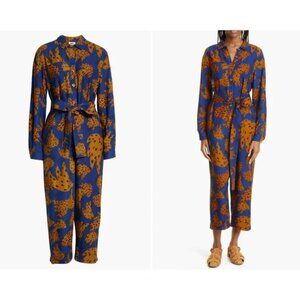 FARM RIO Bananica Navy Jumpsuit Size S Banana Print Tie Waist Cropped